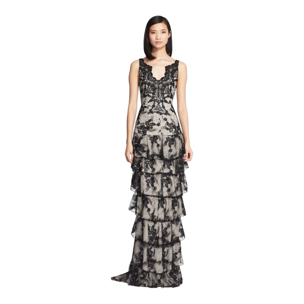 Alice + Olivia Powell Tiered Black and Cream Gown